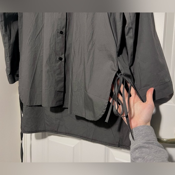 [SOLD] Unique Korean Grey Unbalanced Button Up Shirt with Ribbons - Picture 6 of 10